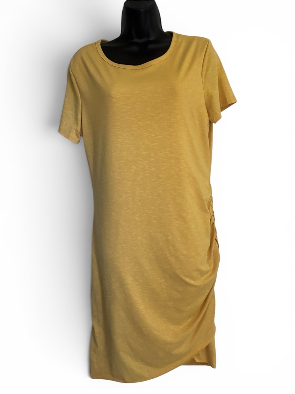 NWT Mustard Yellow Side-Ruched Minimal Bodycon Tee Dress Sz L